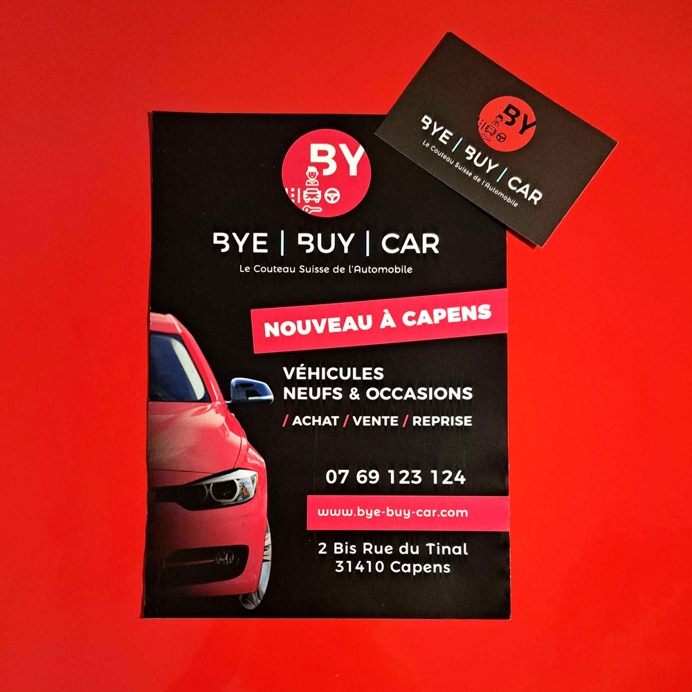 impression-cartes-visites-bye-buy-car Flyer et cartes de visite pour le concessionnaire Bye Buy Car à Capens 31